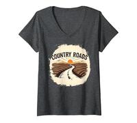 Country Roads Uomo Rurale Tramonto Grafica Maglietta con Collo a V, Donna, Grigio Scuro, M