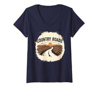 Country Roads Uomo Rurale Tramonto Grafica Maglietta con Collo a V, Donna, Navy, M