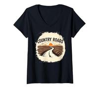 Country Roads Uomo Rurale Tramonto Grafica Maglietta con Collo a V, Donna, Nero, L