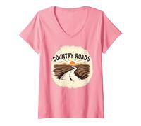 Country Roads Uomo Rurale Tramonto Grafica Maglietta con Collo a V, Donna, Rosa, L