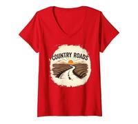 Country Roads Uomo Rurale Tramonto Grafica Maglietta con Collo a V, Donna, Rosso, M