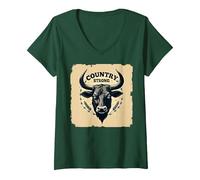 Country Strong Bull Head Rustico Western Ranch Decor Maglietta con Collo a V, Donna, Verde Foresta, M