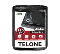 COVALL Telo Impermeabile 115g/m² 4x4m nero, Antistrappo Anti-UV, con Occhielli Metallici, Multiuso, per campeggio, giardino, auto e trampolino