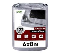 COVALL Telone Impermeabile Esterno 6x8m 155 gr/mq, HDPE Rinforzato Occhiellato Anti-UV - Telo Copritutto Antipioggia Antivento per Giardino Campeggio, Argento Nero