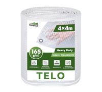 COVALL Telone Impermeabile Trasparente Occhiellato, 4x4 m Misure Finali, 165 g/m² Addensato e Resistente per Esterno, Antipioggia, Copritutto