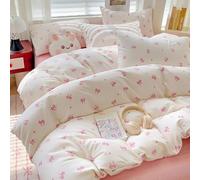 Covebett Biancheria da letto 135 x 200 cm, per bambine, bianco con fiocchi rosa, copripiumino da 2 pezzi, motivo: cuori, Kawaii, morbida microfibra, copripiumino singolo con chiusura lampo e federa da