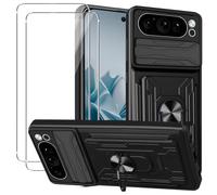 Cover Compatibile con Google Pixel 9 Pro XL + Vetro Temperato[2 Pack],con slot per Schede e Copertura per Lente Fotocamera Scorrevole,360°Rotante Anello Supporto,Nero