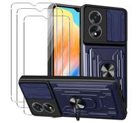 Cover Compatibile con Oppo A18/Oppo A38 4G + Vetro Temperato[3 Pack],con slot per Schede e Copertura per Lente Fotocamera Scorrevole,360°Rotante Anello Supporto,Blu