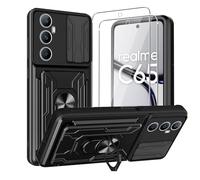 Cover Compatibile con Realme C65 4G + Vetro Temperato[2 Pack],con slot per Schede e Copertura per Lente Fotocamera Scorrevole,360°Rotante Anello Supporto,Nero