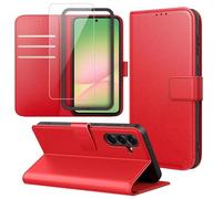 Cover Compatibile con Samsung Galaxy A56 5G, con 1 Pezzo Vetro Temperato Pellicola Protettiva e 1 Pezzo Strumento di Installazione Semplice, Premium Pelle PU Libro Flip Custodia - Rosso