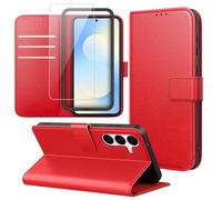 Cover Compatibile con Samsung Galaxy S25 FE 5G, con 1 Pezzo Vetro Temperato Pellicola Protettiva e 1 Pezzo Strumento di Installazione Semplice, Premium Pelle PU Libro Flip Custodia - Rosso