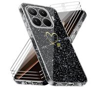 Cover Compatibile con Xiaomi 15T Pro 5G, con 3 Pezzi Vetro Temperato Pellicola Protettiva, Glitter e Antimpronta Custodia, Antigraffio e Morbido Caso - Nero