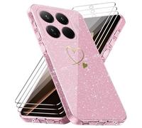 Cover Compatibile con Xiaomi 15T Pro 5G, con 3 Pezzi Vetro Temperato Pellicola Protettiva, Glitter e Antimpronta Custodia, Antigraffio e Morbido Caso - Rosa