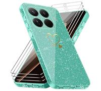 Cover Compatibile con Xiaomi 15T Pro 5G, con 3 Pezzi Vetro Temperato Pellicola Protettiva, Glitter e Antimpronta Custodia, Antigraffio e Morbido Caso - Verde