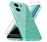 Cover Compatibile con Xiaomi Redmi 15C 4G/ 5G / Poco C85 EU Versione (Non per Global Versione), con 3 Pezzi Vetro Temperato Pellicola Protettiva, Glitter e Antimpronta Custodia - Verde