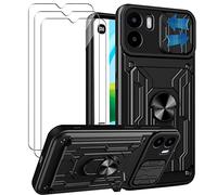Cover Compatibile con Xiaomi Redmi A2 / Redmi A1 + Vetro Temperato[3 Pack],con slot per Schede e Copertura per Lente Fotocamera Scorrevole,360°Rotante Anello Supporto,Nero
