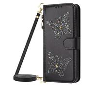 Cover Compatible con Oppo A16/A54 4G/A54S/A55 5G, custodia con cerniera, portafoglio e porta carte, design floreale in rilievo, pieghevole, in pelle, con laccetto, cinturino da polso, da donna,Nero
