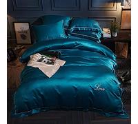Cover del piumone da Letto Set di Seta a Colore Solido copripiumini Satinato Copripiumino Cotone Ricamato in Foglio Piatto per Lana Piatta Doppia (Regina Blu)