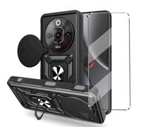 Cover e Vetrino Compatible with Nubia Focus Pro 5G Cover antiurto Protezione Fotocamera 360° Metallo Anello Supporto Militare Antiurto Hard PC Custodia Vetro temperato Pellicola protettiva,Nero