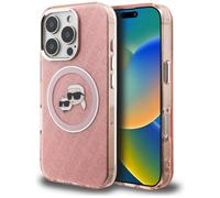 Cover Karl Lagerfeld IML Glitter con logo « Karl & Choupette Heads » e MagSafe per iPhone 16 Pro, rosa - Nouvo