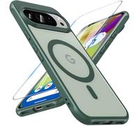 Cover magnetica Hensinple per Google Pixel 10/Pixel 10 Pro con vetro temperato, compatibile Magsafe, custodia traslucida opaca antiurto anti graffi sottile (verde)