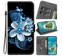 Cover per Google Pixel 5, Custodia Magnetica Portafoglio Flip [Antiurto] [Cavalletto] [Carta Fessura] in PU Pelle - Effetto 3D Blu Quadro di fiori bianchi