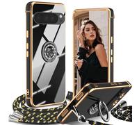 Cover per Google Pixel 9/Pixel 9 Pro con Cordino, con Supporto ad Anello Cuore, Custodia Sottile Morbido Silicone TPU Antiurto Dorata Placcatura Protettiva Case Regolabile Collana Tracolla, Nero