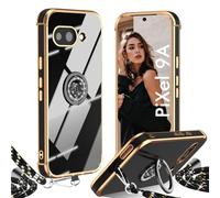Cover per Google Pixel 9A con Cordino, con Supporto ad Anello Cuore, Custodia Sottile Morbido Silicone TPU Antiurto Dorata Placcatura Protettiva Case Regolabile Collana Tracolla, Nero
