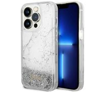 Cover per iPhone 14 Pro Guess Liquid Glitter effetto marmo bianco