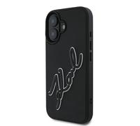 Cover per iPhone 16 in gomma con firma 3D di Karl Lagerfeld, colore nero.
