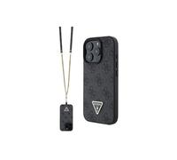 Cover per iPhone 16 Pro con cinturino, con logo e design in pelle approvata dal marchio globale Guess. Da CG-MOBILE. (nero)