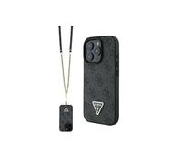 Cover per iPhone 16 Pro Max con cinturino, con logo e design in pelle approvata dal marchio globale Guess. Da CG-MOBILE. (nero)