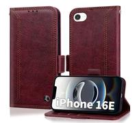 Cover per iPhone 16e 6.1" Case Custodia Pelle PU Portafoglio [RFID Shieldon] Vintage Double Stitch Business Flip Libro Wallet 6.1 Pollici 2025 [Slot Scheda][Porta Carte][Funzione di Supporto]-Rosso