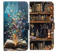 Cover per Motorola Moto E13 Book Case, 2 pezzi Motivi Texture PU Leather Protective Wallet Flip / Folio Wallet Case with Card Slots and Magnetic Holder, Gatto nero sulla libreria + Farfalla libro