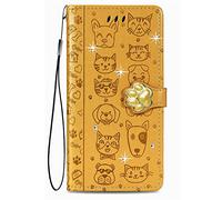 Cover per Oukitel C59 Pro Strass Custodie PU Pelle Case Shell Glitter Brillanti 3D Cover Cane e gatto in rilievo Design Flip Book Style Astuccio Case With Hand Strap Magnetico Yellow