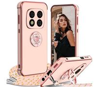 Cover per Redmi Note 14 Pro+ Plus 5G con Cordino, con Supporto ad Anello Cuore, Custodia Sottile Morbido Silicone TPU Antiurto Dorata Placcatura Protettiva Case Regolabile Collana Tracolla, Rosa