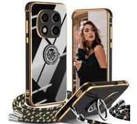 Cover per Redmi Note 14 Pro+ Plus 5G con Cordino, con Supporto ad Anello Cuore, Custodia Sottile Morbido Silicone TPU Antiurto Dorata Placcatura Protettiva Case Regolabile Collana Tracolla, Nero