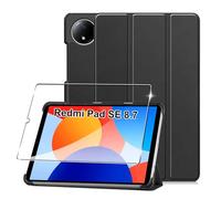 Cover per Redmi Pad SE 8.7" 2024 custodie +1 Pezzi Vetro Temperato,Gomma Protezione Protettivo,Ultra Sottile Antiurto Anti-Graffio TPU Flessibile Case -Nero