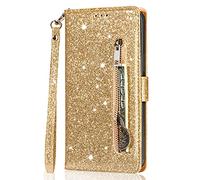 Cover per Samsung Galaxy A15 Phone Case Custodia Bling Glitter Pelle PU Libro Portafoglio con Tasca Zip Slot per Carte Supporto Chiusura Magnetica Protezione Zipper Wallet Case per Samsung A15,Oro