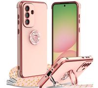 Cover per Samsung Galaxy A56 con Cordino, con Supporto ad Anello Cuore, Custodia Sottile Morbido Silicone TPU Antiurto Dorata Placcatura Protettiva Case Regolabile Collana Tracolla, Rosa