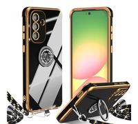 Cover per Samsung Galaxy A56 con Cordino, con Supporto ad Anello Cuore, Custodia Sottile Morbido Silicone TPU Antiurto Dorata Placcatura Protettiva Case Regolabile Collana Tracolla, Nero
