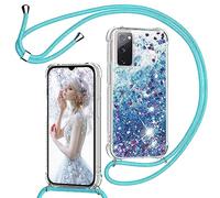 Cover per Samsung Galaxy S20 FE 2020/2022 con Cordino, Custodia Brillantini Liquido con Collana Trasparente Ultra Sottile Silicone Antiurto Protettivo Sabbie Mobili Case per Cellulare Cordoncino, Blu