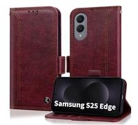 Cover per Samsung Galaxy S25 Edge Case Custodia Pelle PU Portafoglio [RFID Shieldon] Double Stitch Business Flip Libro Wallet 6.66 Pollici [Slot Scheda][Porta Carte][Funzione di Supporto]-Rosso