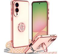 Cover per Samsung Galaxy S25 Edge con Cordino, con Supporto ad Anello Cuore, Custodia Sottile Morbido Silicone TPU Antiurto Dorata Placcatura Protettiva Case Regolabile Collana Tracolla, Rosa