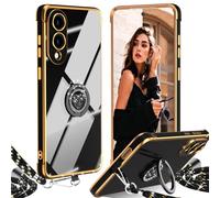 Cover per Samsung Galaxy S25 Edge con Cordino, con Supporto ad Anello Cuore, Custodia Sottile Morbido Silicone TPU Antiurto Dorata Placcatura Protettiva Case Regolabile Collana Tracolla, Nero
