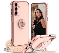 Cover per Samsung Galaxy S25 Plus 5G con Cordino, con Supporto ad Anello Cuore, Custodia Sottile Morbido Silicone TPU Antiurto Dorata Placcatura Protettiva Case Regolabile Collana Tracolla, Rosa