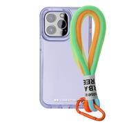 case&me cover con laccetto Urban per iPhone 14 Pro, laccio multiuso rimovibile, cover trasparente colorata, cover fashion, viola