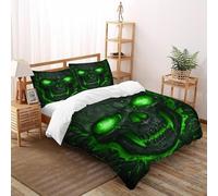 CoVeTviCT Skull Green Glow Set Di Biancheria Da Letto Per 3 Pezzi Con Stampa 3D Temi gotici Copripiumino Con 2 Federe Con Federe in Microfibra Ultra Morbida Super King（260x220cm）