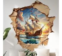 COVPAW Adesivo da parete 3D, motivo: barca a vela, 65 x 58 cm, autoadesivo, per cameretta dei bambini, soggiorno, camera da letto, cucina, ecc. Vista sul mare attraverso il muro di pietra (barca a