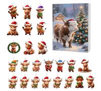 Cow Christmas Advent 2025-24 Days 2d Acrylic Countdown Calendar for Vacation Home, Family with Cute Highland Ornament Function, Holiday Decor for Tree Window Wall Door Car Rearview Mirror